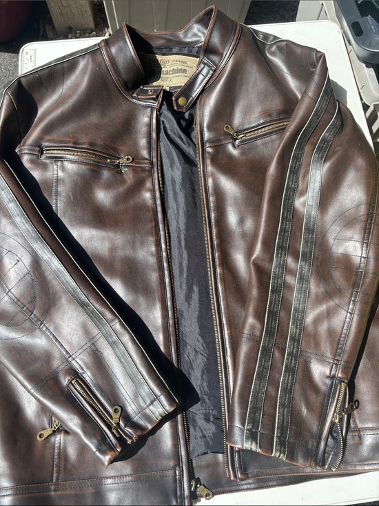 Machine Other - Machine Brown Leather Bomber Jacket with Racing Stripes